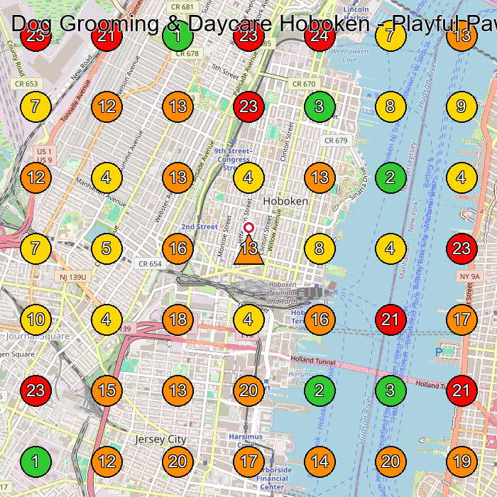 Dog Grooming & Daycare Hoboken - Playful Paws USA Pet Groomer GeoGrid ranking map for Hoboken NJ